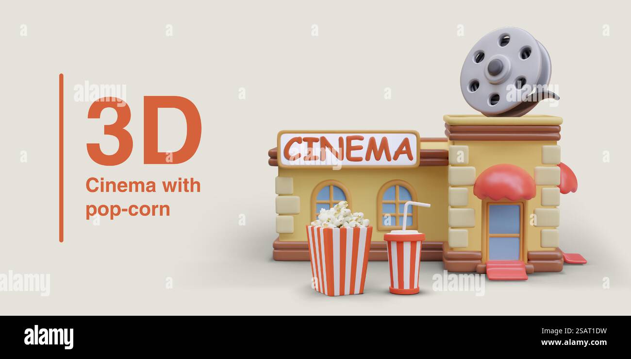 Concetto pubblicitario al cinema popcorn. Un bell'edificio vintage, un cartello, spuntini, bevande. Tempo filmato. Illustrazione vettoriale 3D su sfondo colorato, inserire il testo. Concetto pubblicitario al cinema popcorn. Un bell'edificio vintage, un cartello, spuntini, bevande Illustrazione Vettoriale