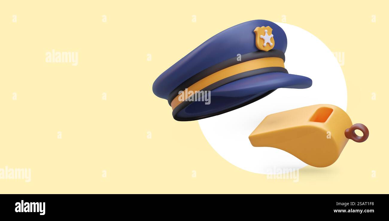 Cappello uniforme della polizia, fischio. Annuncio di reclutamento. Accessori per poliziotti. Strade di pattugliamento a piedi. Illustrazione vettoriale dei colori per la progettazione Web. Posiziona per testo. Cappello uniforme della polizia, fischio. Annuncio di reclutamento. Accessori per poliziotti Illustrazione Vettoriale