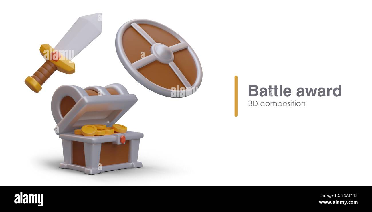 Premio Combat. Spada 3D, scudo rotondo, petto con monete d'oro. Vittoria in battaglia. Composizione vettoriale su sfondo bianco. Illustrazione del gioco in stile cartoni animati. Premio Combat. Spada 3D, scudo rotondo, petto con monete d'oro Illustrazione Vettoriale