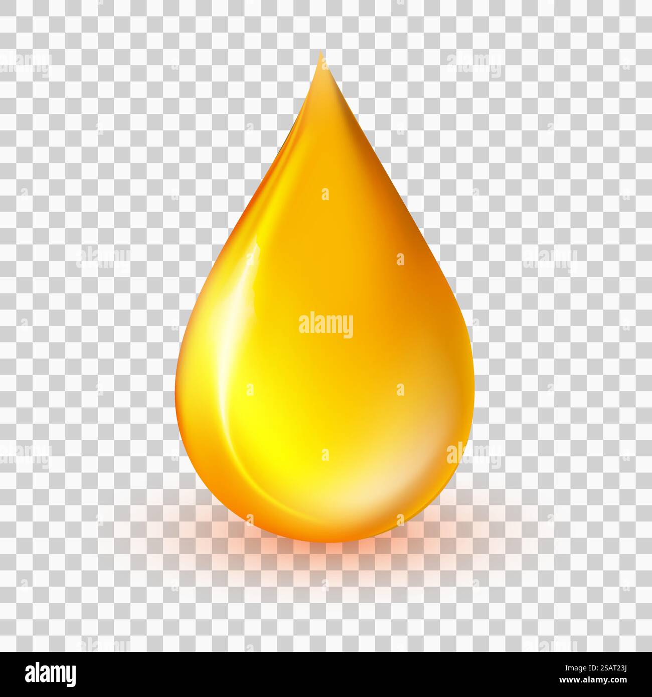 Illustrazione del vettore di caduta dell'olio. Goccia liquida gialla realistica isolata su sfondo trasparente. Essenza di collagene dorato, icona di gocciolamento di miele 3D. Concetto industriale e petrolifero. Figura EPS10 Illustrazione Vettoriale