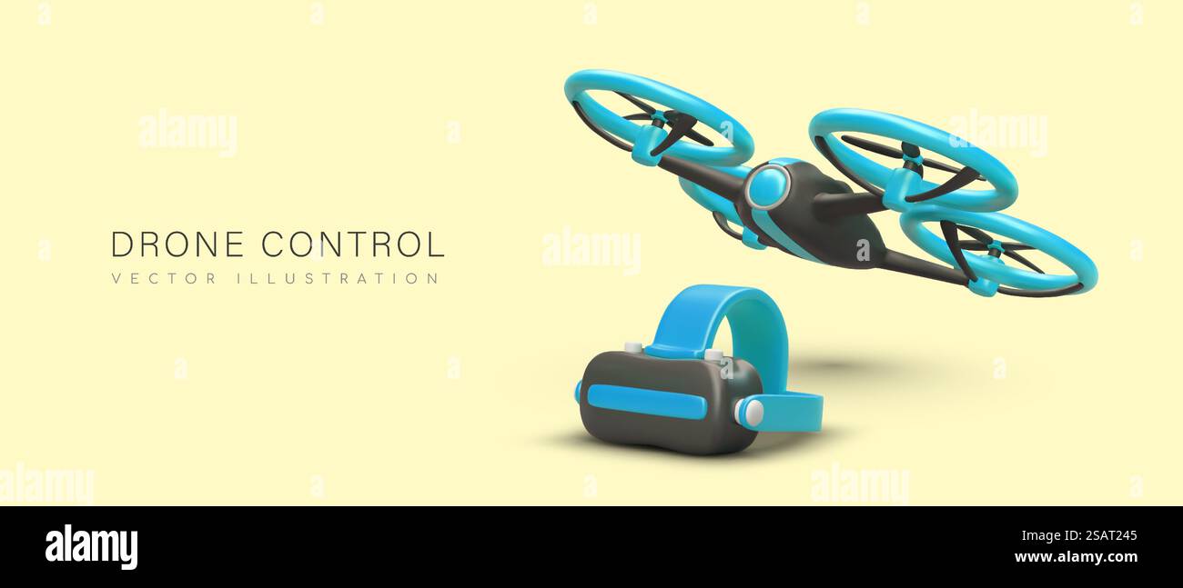 Controllo dei droni. Occhiali realistici in quadricottero e realtà virtuale. Osservazione remota, ricognizione aerea. Servizi di operatore di droni. Concetto vettoriale, inserire il testo. Controllo dei droni. Occhiali realistici in quadricottero e realtà virtuale Illustrazione Vettoriale