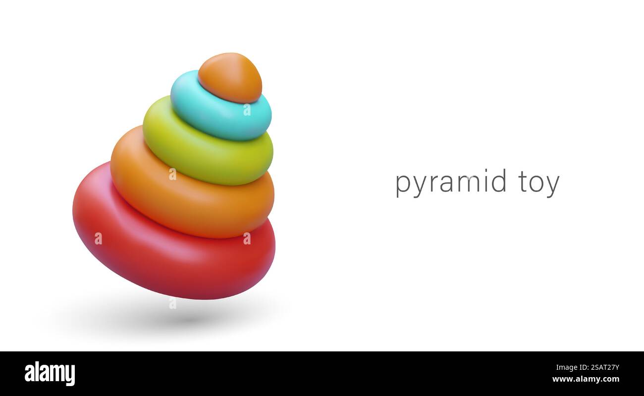 Piramide con anelli colorati per il negozio di giocattoli. bellissimo giocattolo realistico 3d per bambini piccoli con elementi rotondi. Poster per il negozio di giocattoli nei colori rosso, giallo e verde. Illustrazione vettoriale. Piramide con anelli colorati per il negozio di giocattoli. bellissimo giocattolo realistico 3d per bambini piccoli Illustrazione Vettoriale