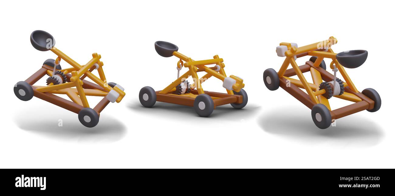 Serie di catapulte medievali in diverse posizioni. Antico dispositivo balistico. Arma efficace per combattimenti a lungo raggio. Catapulta in legno con secchio vuoto. Vettore. Serie di catapulte medievali in diverse posizioni. Antico dispositivo balistico Illustrazione Vettoriale