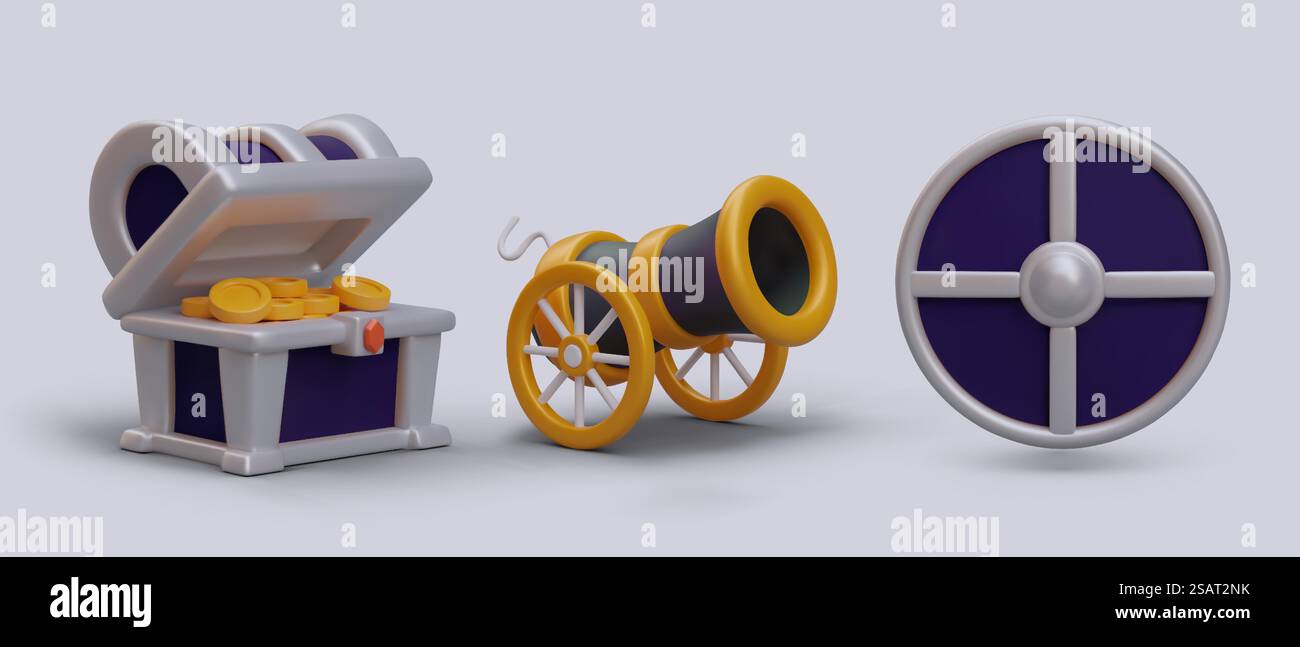 scrigno realistico in 3d con oro, cannone militare nei colori giallo e nero e scudo. Concetto di gioco per computer pirata. Illustrazione vettoriale in stile 3D. scrigno realistico in 3d con oro, cannone militare nei colori giallo e nero e scudo Illustrazione Vettoriale