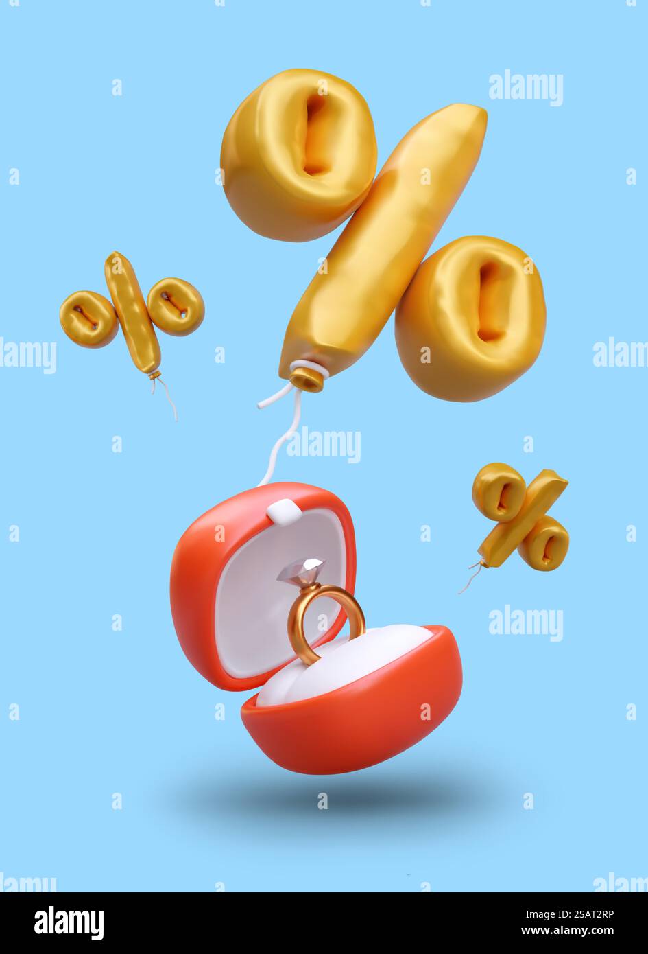 fede nuziale realistica in 3d in cassa rossa e sconto in mongolfiera. Poster verticale con sfondo blu. Concetto di vendita in gioielleria. Illustrazione vettoriale in stile cartone animato. fede nuziale realistica in 3d in cassa rossa e sconto in mongolfiera Illustrazione Vettoriale