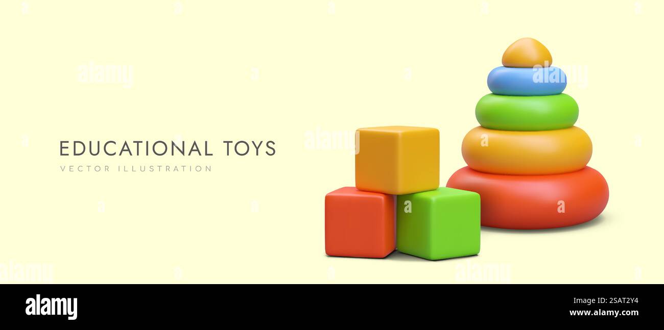 Poster con giocattoli educativi per il negozio. cubi e piramide realistici in 3d con anelli colorati. Gioco e sviluppo per bambini. Illustrazione vettoriale con posizione per il testo. Poster con giocattoli educativi per il negozio. cubi e piramide realistici in 3d con anelli colorati Illustrazione Vettoriale