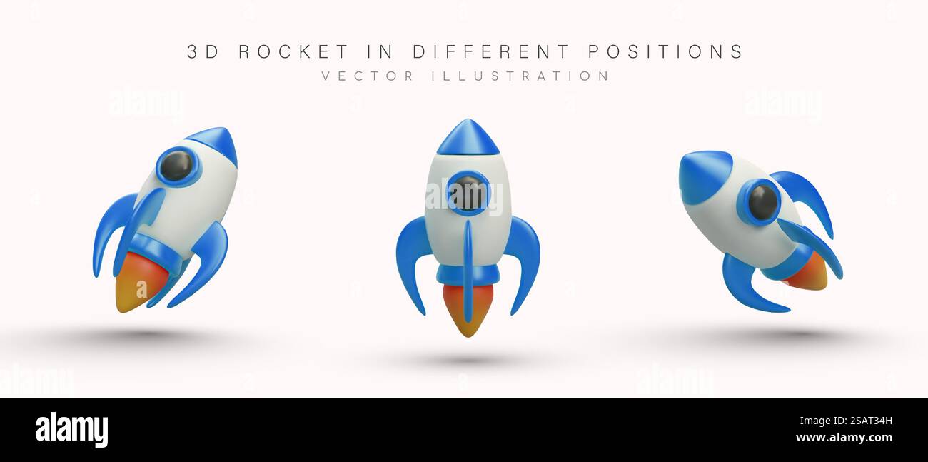 Razzo spaziale 3D in diverse posizioni. Astronave in volo. Razzo con motore in funzione, fuoco dalle turbine. Set di icone colorate realistiche. Modello per la progettazione Web. Razzo spaziale 3D in diverse posizioni. Astronave in volo Illustrazione Vettoriale
