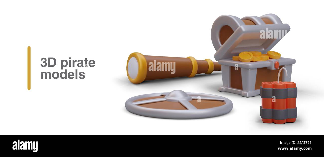 Modelli pirati 3D. Spyglass, cassa d'oro, scudo, dinamite. Guerra per tesori. Illustrazione vettoriale colorata del gioco. Avventure e battaglie virtuali. Attacco e difesa. Modelli pirati 3D. Spyglass, cassa d'oro, scudo, dinamite. Guerra per tesori Illustrazione Vettoriale