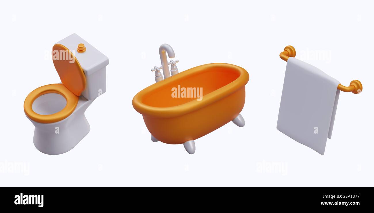 WC 3D con coperchio rialzato, vasca da bagno con rubinetto, portasciugamani. Immagine vettoriale a colori isolata, vista dall'alto. Sanitari e accessori. Superfici non contrassegnate, spazio per il marchio. WC 3D con coperchio rialzato, vasca da bagno con rubinetto, portasciugamani. Immagine vettoriale a colori isolata, vista dall'alto Illustrazione Vettoriale
