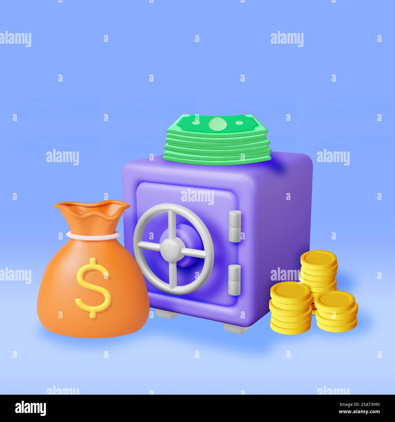 Cassetta di sicurezza 3d piena di soldi isolata su bianco. Esegui il rendering della cassetta di sicurezza in stile plastico monete in contanti, icona dollari. Sicurezza del deposito bancario, deposito cauzionale, cassetta di sicurezza per contanti. Risparmio di denaro immagazzinato. Illustrazione vettoriale. Cassetta di sicurezza 3d piena di soldi isolata Illustrazione Vettoriale