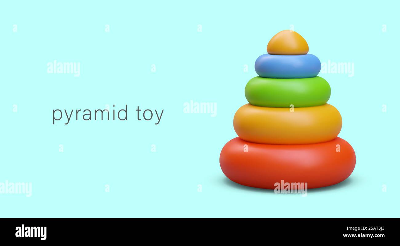 Gioco a piramide realistico su sfondo blu. Piramide con anelli colorati per cartellone del negozio di giocattoli. Concetto di società pubblicitaria. Illustrazione vettoriale in stile 3D. Gioco a piramide realistico su sfondo blu. Piramide con anelli colorati per cartellone del negozio di giocattoli Illustrazione Vettoriale
