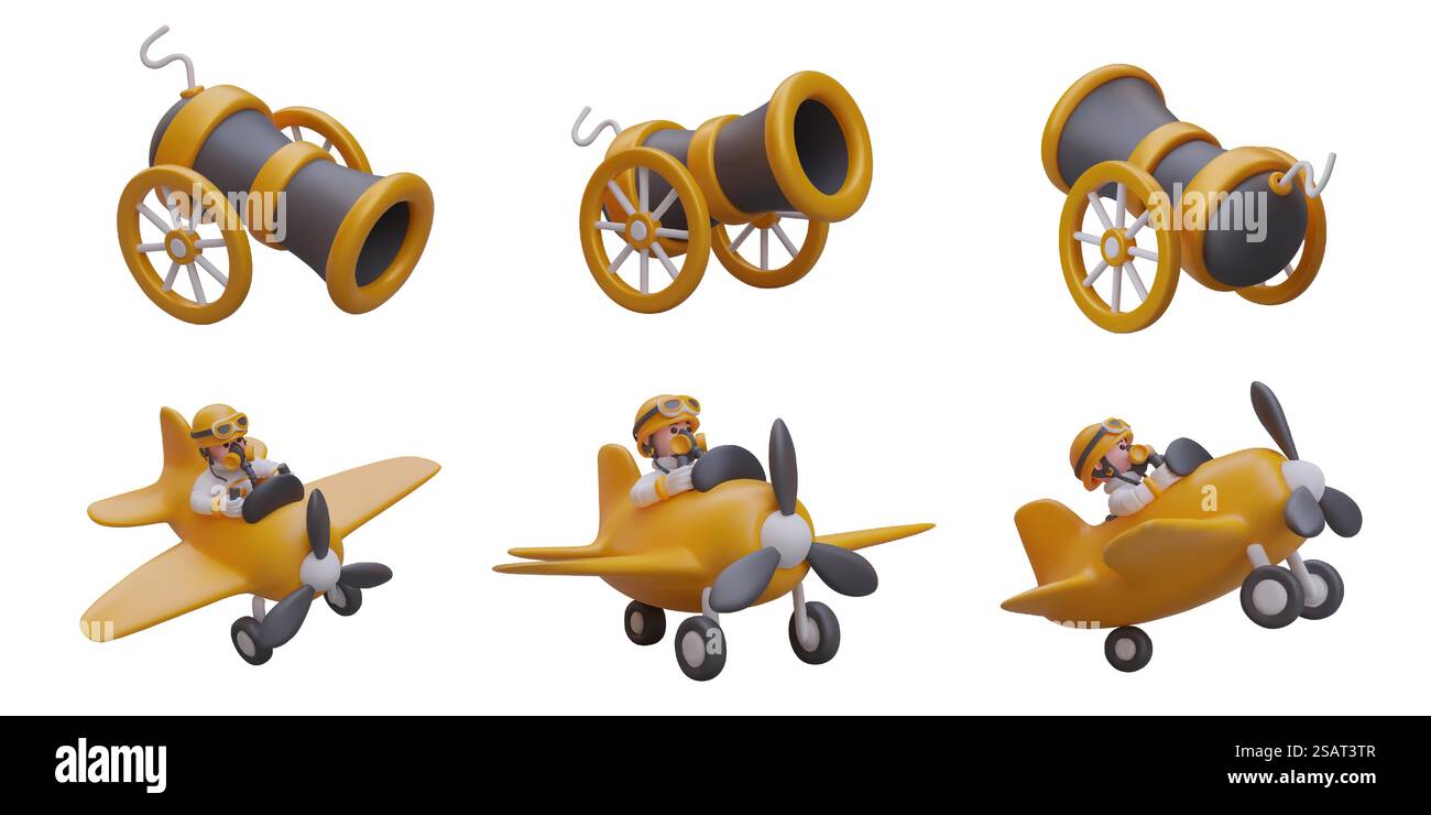 Cannone e pilota in aereo d'epoca. Oggetto in posizioni diverse. Set di illustrazioni vettoriali di gioco. Immagini divertenti in stile cartoni animati. Elementi 3D isolati. Cannone e pilota in aereo d'epoca. Oggetto in posizioni diverse Illustrazione Vettoriale
