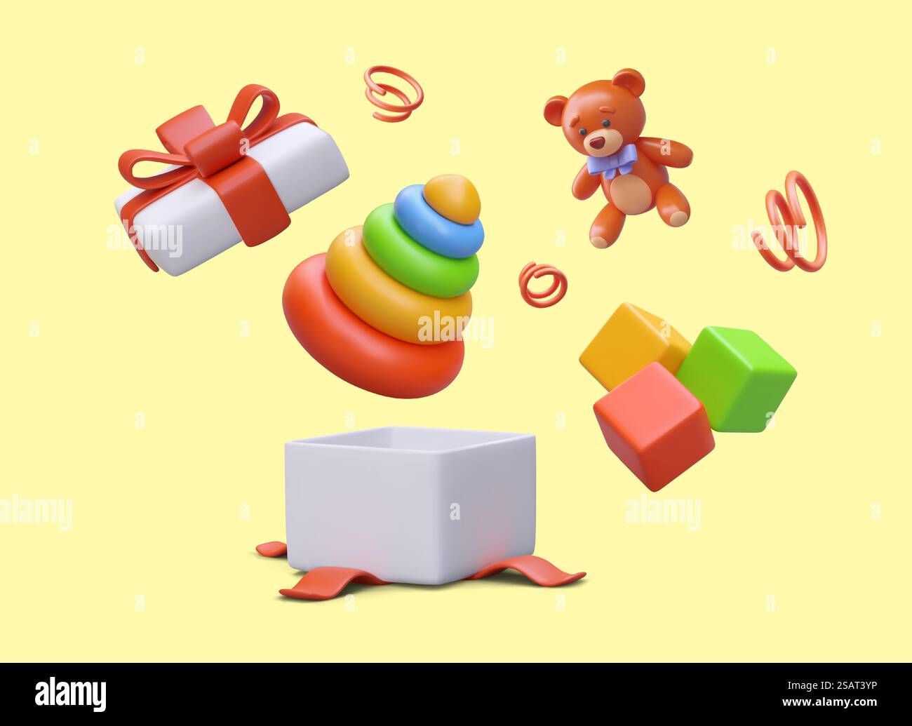 Presenta con diversi giocattoli per bambini. scatola aperta 3d con orsacchiotto, piramide didattica e cubi. Poster colorato per il negozio di giocattoli. Illustrazione vettoriale nei colori giallo, rosso e verde. Presenta con diversi giocattoli per bambini. scatola aperta 3d con orsacchiotto, piramide didattica e cubi Illustrazione Vettoriale