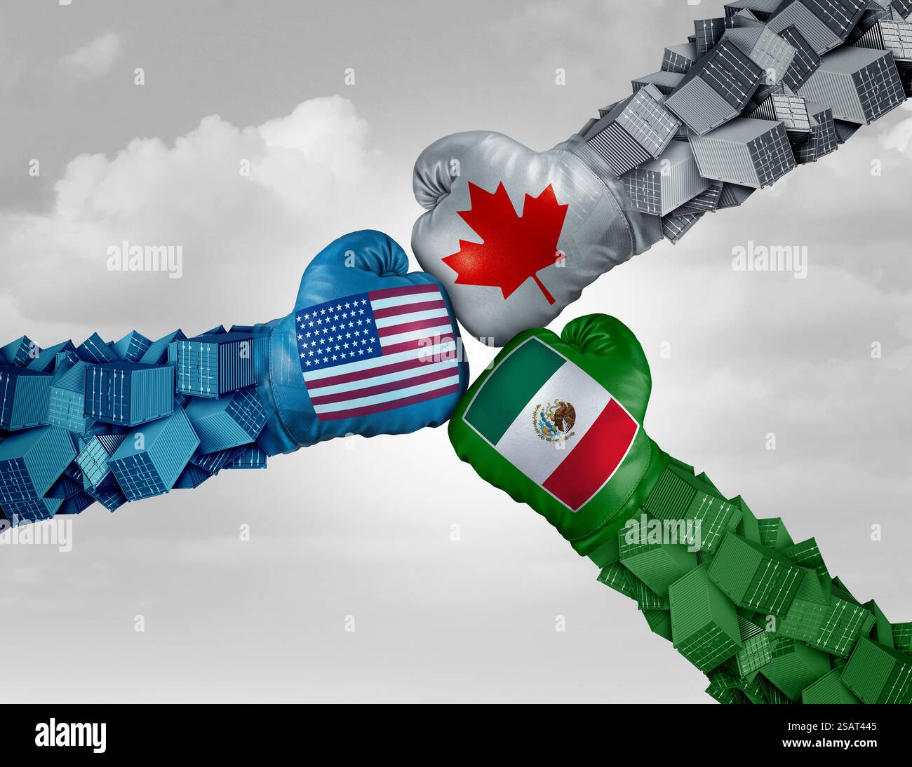 Guerra delle tariffe USA del Messico e del Canada come disputa commerciale messicana canadese e americana come paesi nordamericani in conflitto come lotta economica per imp Foto Stock