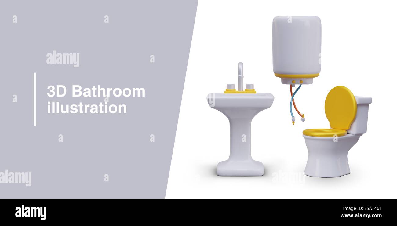 Poster con caldaia realistica per riscaldare l'acqua, il lavandino e la ciotola in ceramica con elementi gialli. Concetto di apparecchiature domestiche. Illustrazione vettoriale con posizione per il testo. Poster con caldaia realistica per riscaldare l'acqua, il lavandino e la ciotola in ceramica Illustrazione Vettoriale
