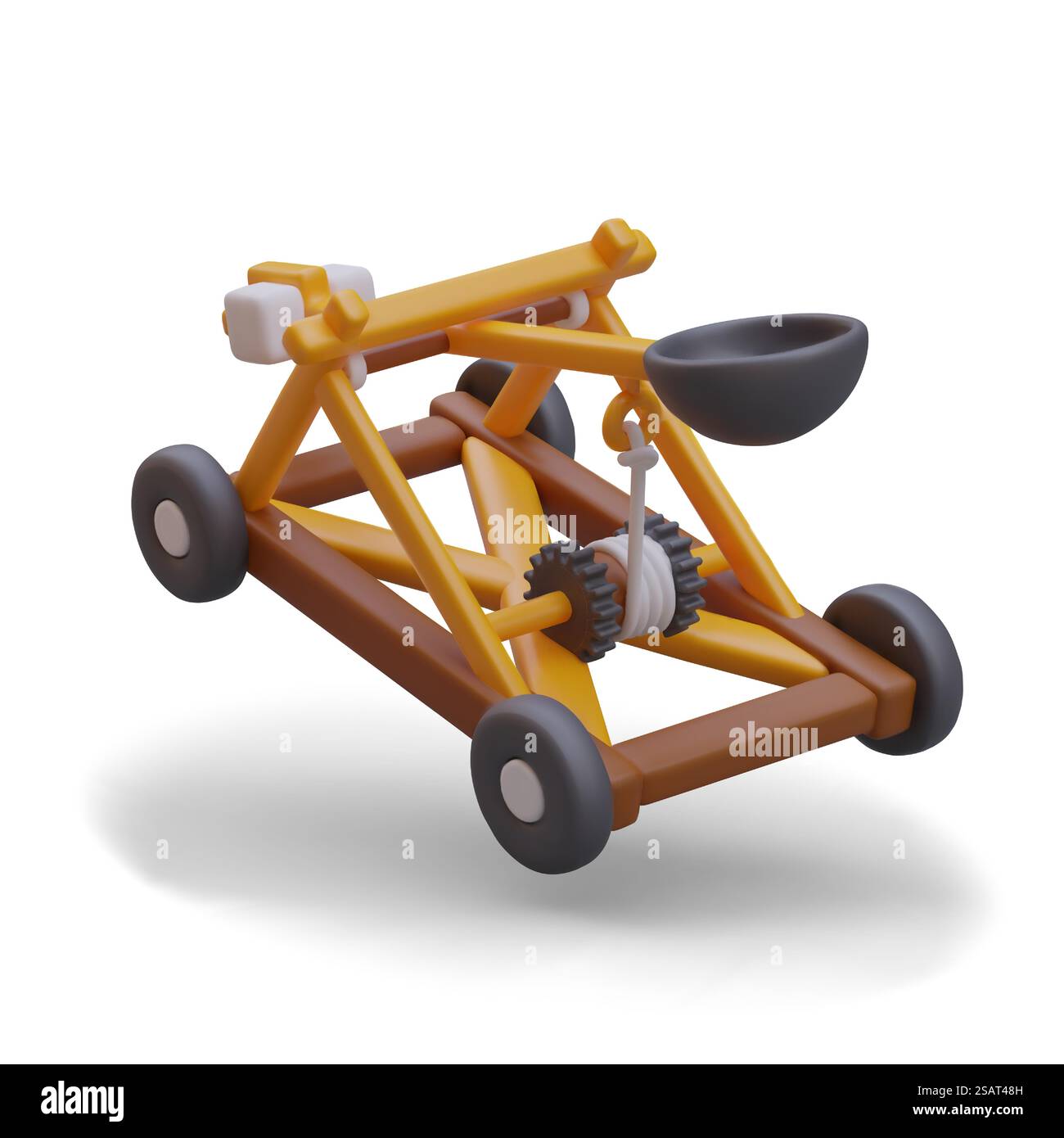 Catapulta in legno 3D sulle ruote. Dispositivo meccanico mobile per lanciare proiettili su lunghe distanze. Artiglieria medievale. Illustrazione vettoriale con ombra. Catapulta in legno 3D sulle ruote. Dispositivo meccanico mobile per lanciare proiettili su lunghe distanze Illustrazione Vettoriale