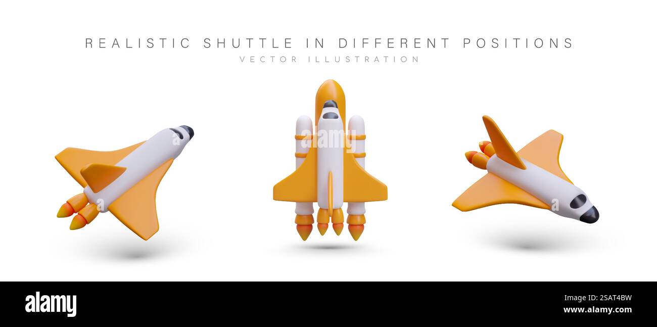Navetta realistica a colori. Inizio, volo, atterraggio dell'astronave. Navetta con un numero diverso di turbine. Razzo multistadio. Serie di illustrazioni vettoriali su sfondo bianco. Navetta realistica a colori. Inizio, volo, atterraggio dell'astronave Illustrazione Vettoriale