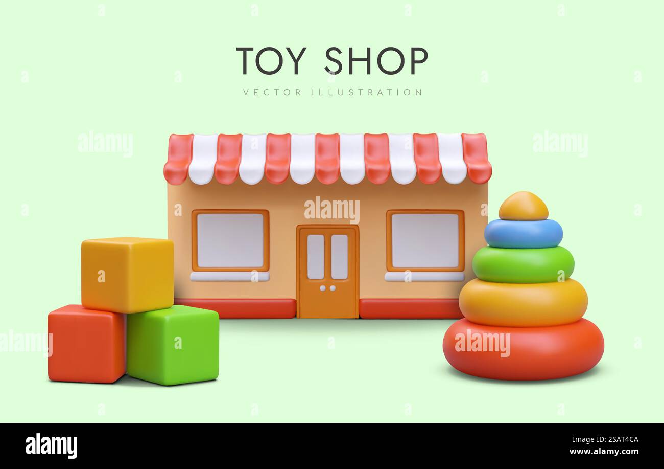 Modello di grande supermercato con giocattoli. Poster colorato con cubi realistici in 3d e piramide con anelli rotondi. Illustrazione vettoriale con sfondo verde e posizione per il testo. Modello di grande supermercato con giocattoli. Poster colorato con cubi e piramide realistici in 3d. Illustrazione Vettoriale