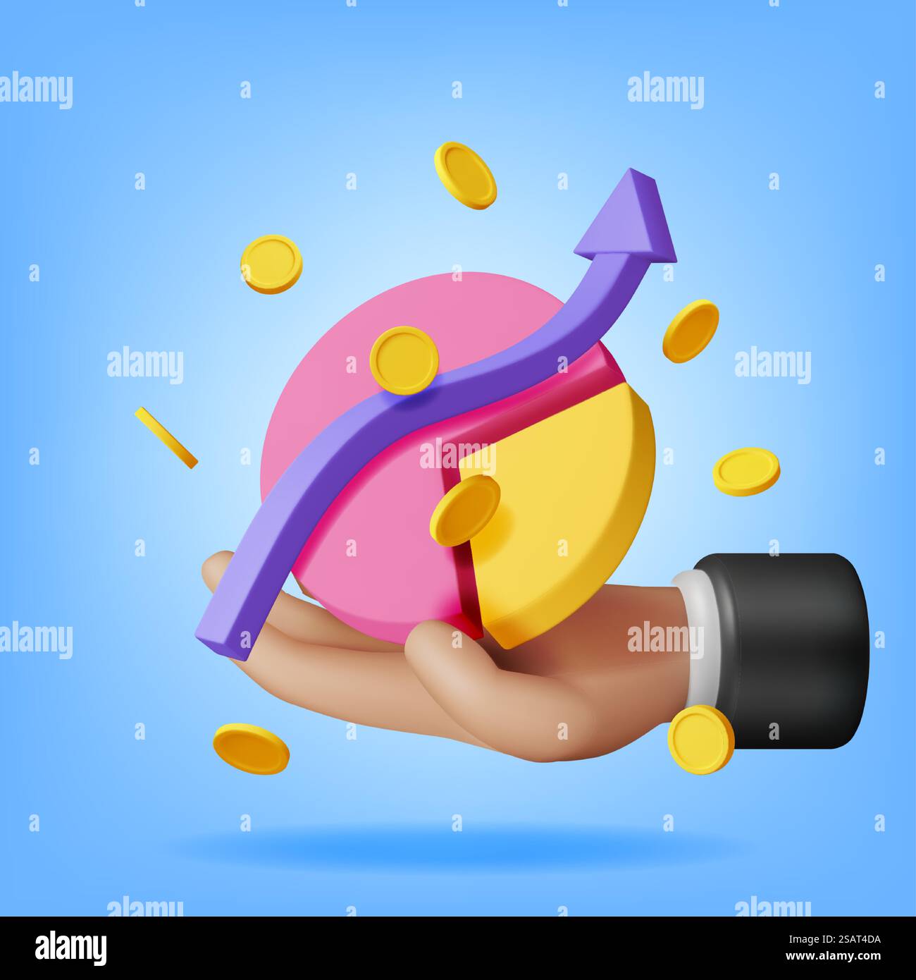Diagramma a torta 3D con monete d'oro in mano. Rendi Stock Pie with Money mostra crescita o successo. Voce finanziaria, investimento aziendale, commercio del mercato finanziario. Soldi e banche. Illustrazione vettoriale. Diagramma a torta 3D con monete d'oro in mano Illustrazione Vettoriale