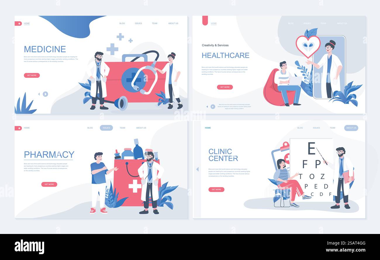 Concetto web di medicina e sanità per landing page in design piatto. Consulto medico, visita del paziente terapista presso il centro clinico, farmacia. Illustrazione vettoriale con caratteri persone per la home page Illustrazione Vettoriale
