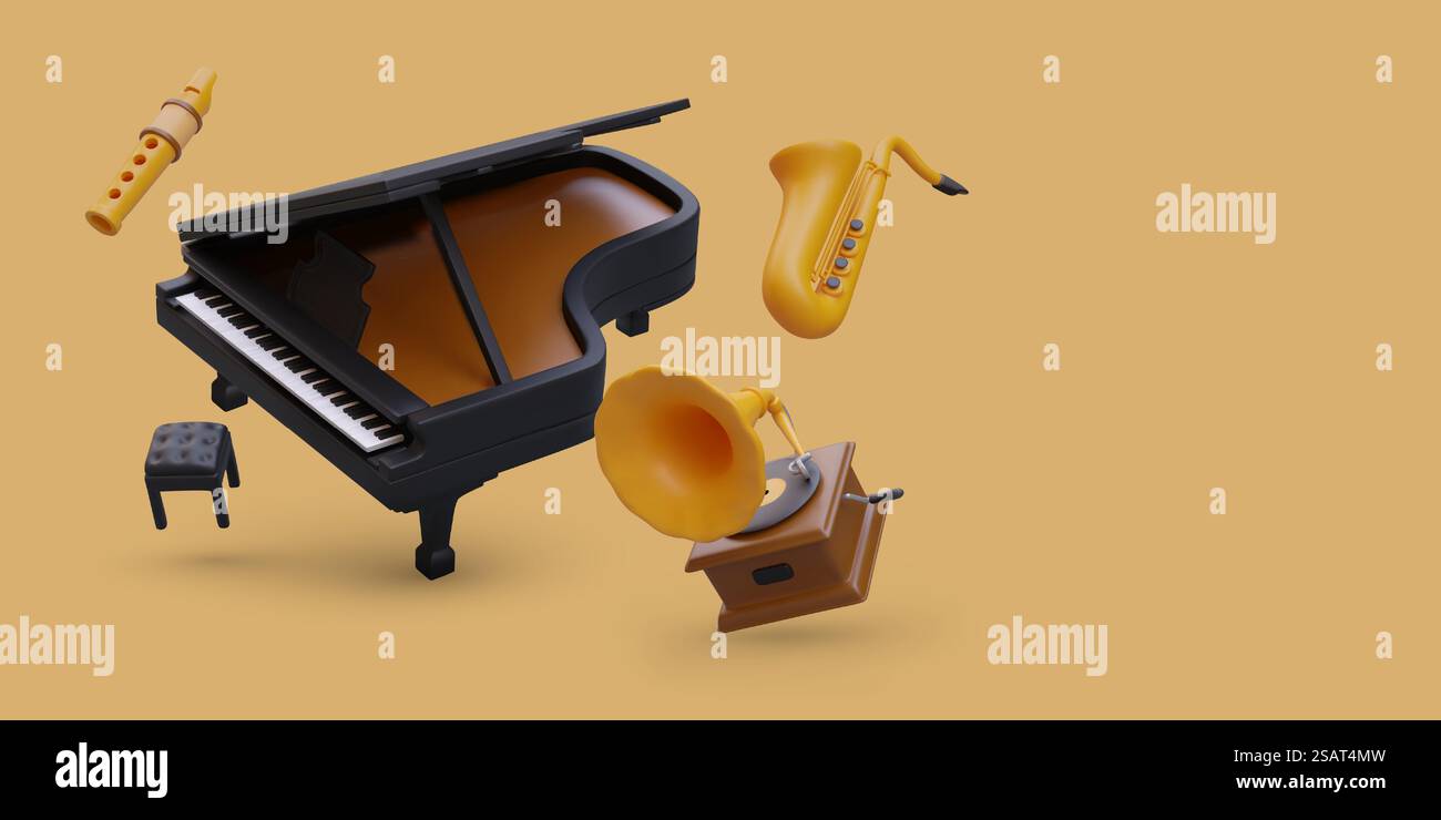 Concetto con strumenti musicali realistici. Musica classica dal vivo e ascolto di registrazioni. Piacevole svago. Modello vettoriale per la progettazione Web su sfondo colorato. Concetto con strumenti musicali realistici. Musica classica dal vivo e ascolto di registrazioni Illustrazione Vettoriale