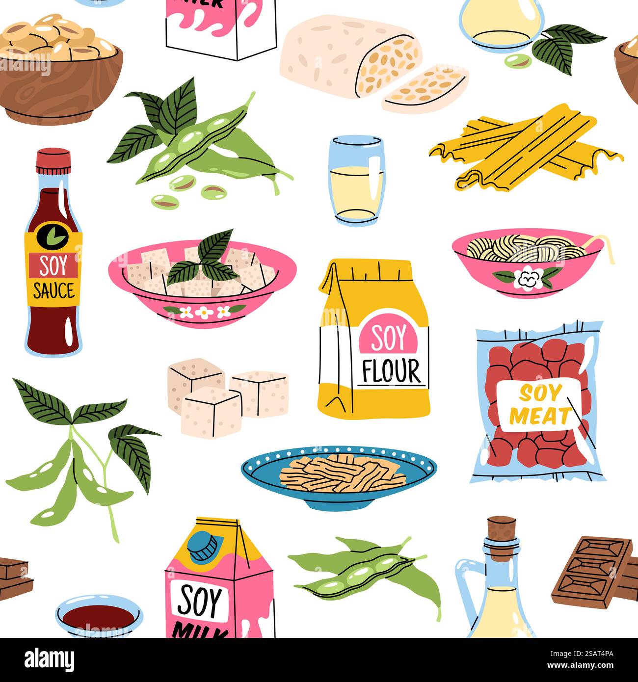 Prodotti di soia senza cuciture. Cibo ripetuto a base di soia, tofu vegano cartoni animati, spaghetti, salsa e latte, proteine verdi. Elementi isolati. Tessuti per arredamento, involucri, design di packaging. Sfondo vettoriale ordinato. Prodotti di soia senza cuciture. Cibo ripetuto a base di soia, tofu vegano cartoni animati, spaghetti, salsa e latte, proteine verdi. Tessuti per arredamento, involucri, design di packaging. Sfondo vettoriale ordinato Illustrazione Vettoriale