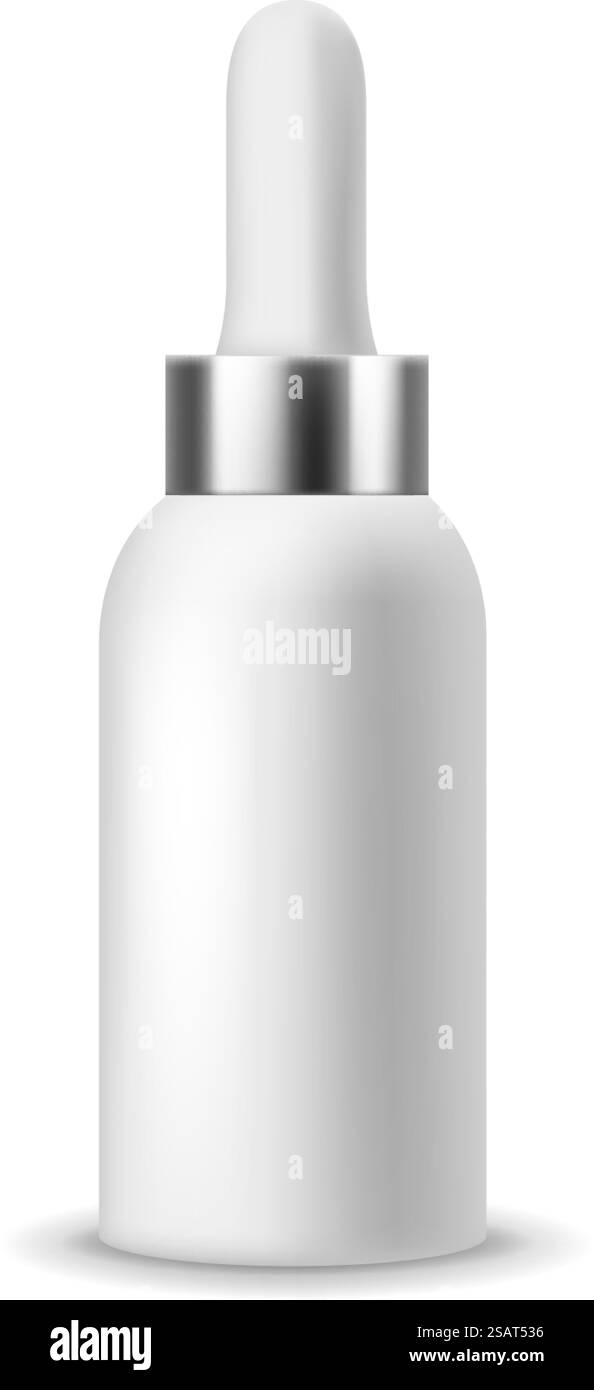 Mockup contenitore siero. Flacone contagocce bianco realistico isolato su sfondo bianco. Mockup contenitore siero. Flacone contagocce bianco realistico Illustrazione Vettoriale