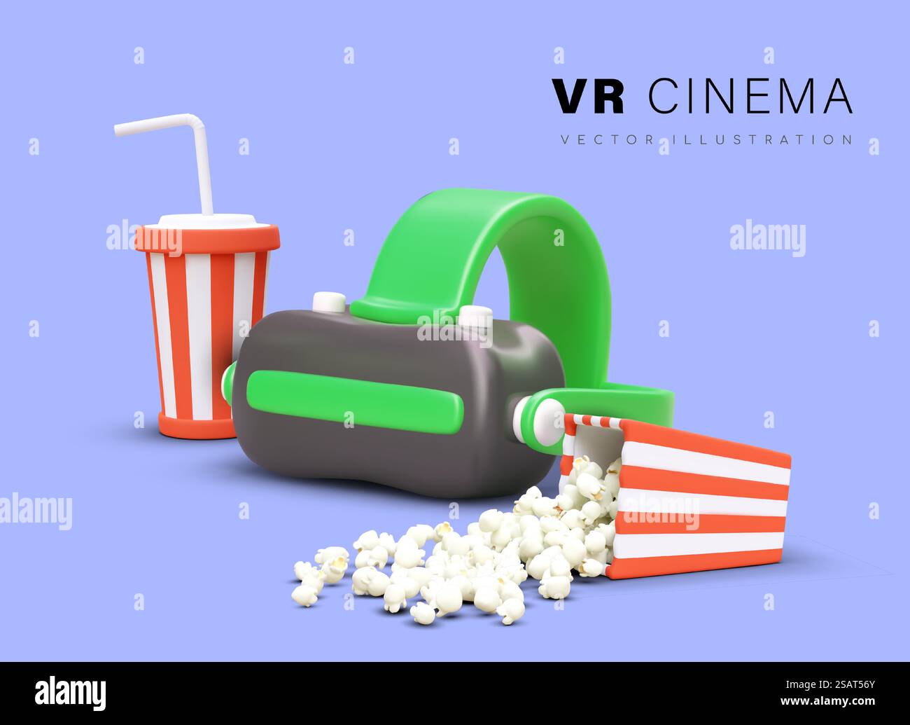Cinema VR. Composizione degli elementi vettoriali 3D. Poster pubblicitario a colori. Concetto di film in realtà aumentata. Le più recenti tecnologie per l'intrattenimento. Bevande dolci, spuntini gustosi. Cinema VR. Composizione degli elementi vettoriali 3D. Poster pubblicitario a colori Illustrazione Vettoriale