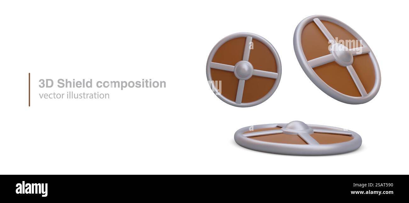 Poster con una composizione realistica dello scudo 3D. Armatura per i giochi dei cavalieri. Armatura e protezione per giochi per computer. Illustrazione vettoriale di colore marrone. Poster con una composizione realistica dello scudo 3D. Armatura per i giochi dei cavalieri Illustrazione Vettoriale