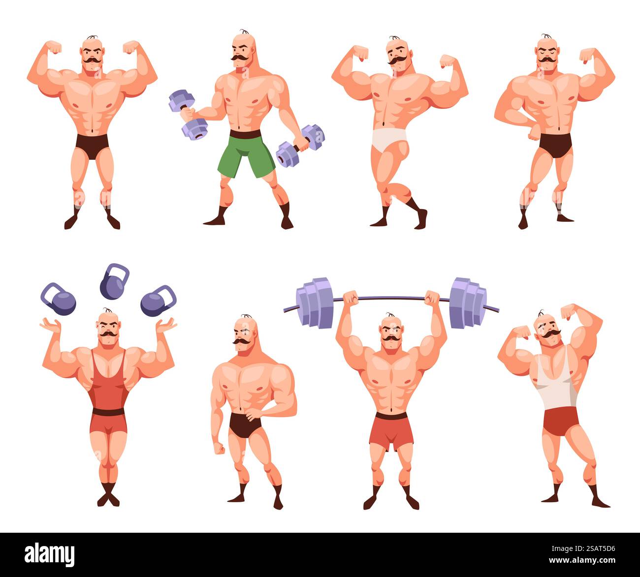 Personaggio allestitore cartoni animati in posa. Un uomo divertente e forte con i baffi dimostra i muscoli, un atleta del circo in diverse pose, una mascotte retrò con manubrio, sport maschile, un set isolato di vettori per l'allenamento in palestra. Personaggio allestitore cartoni animati in posa. Uomo divertente e forte con baffi dimostra i muscoli, atleta del circo in diverse pose, mascotte retrò con manubrio, set isolato vettore di allenamento in palestra Illustrazione Vettoriale