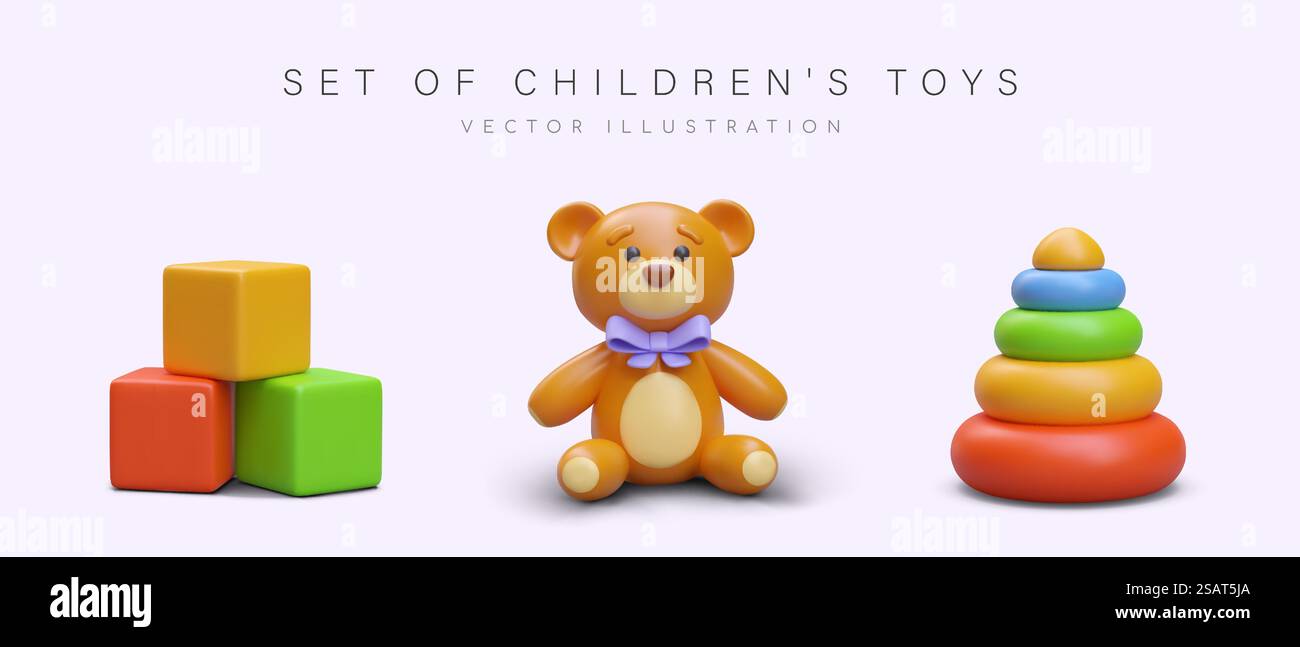 Orsacchiotto realistico con fiocco viola, cubi colorati per bambini e piramide giocattolo. Set di giocattoli diversi per bambini. oggetto 3d per campagna pubblicitaria. Illustrazione vettoriale. Orsacchiotto realistico con fiocco viola, cubi colorati per bambini e piramide giocattolo Illustrazione Vettoriale