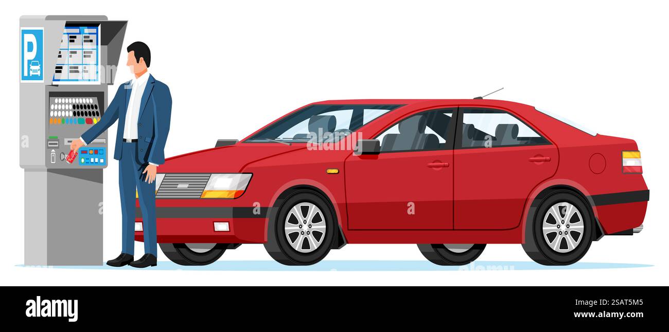 L'uomo paga per il parcheggio con il parcheggio isolato. Icona Ticket Machine. Autista di auto maschile e berlina. Parcheggio self service a pagamento. Terminale di pagamento elettronico. Illustrazione Cartoon Flat Vector. L'uomo paga per il parcheggio con il parcheggio isolato Illustrazione Vettoriale