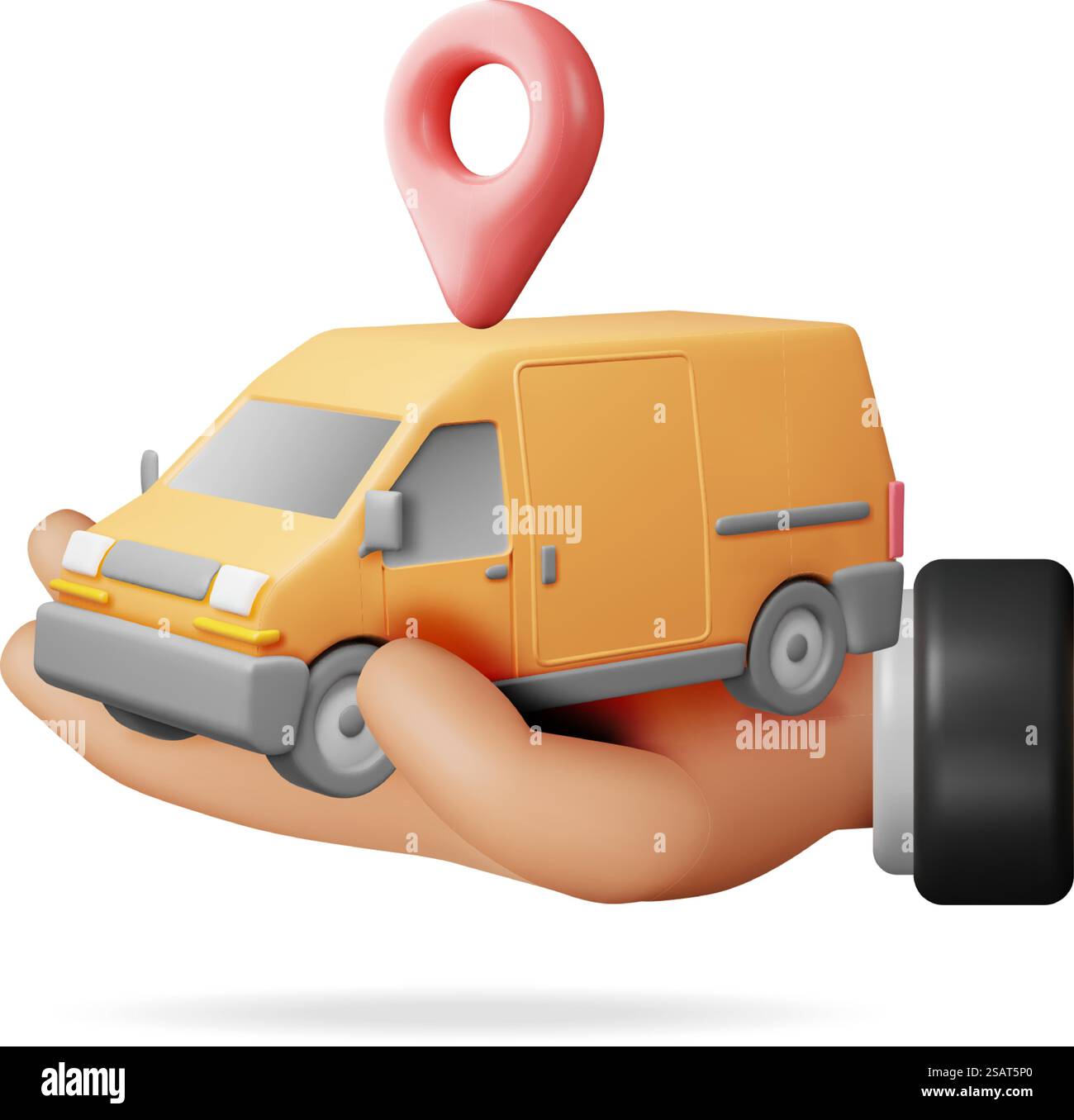 Furgone di consegna 3D in mano isolato su bianco. Rendi Express Delivering Services Commercial Truck. Concetto di consegna rapida e gratuita in auto. Carico e logistica. Illustrazione vettore cartoni animati. Van 3D Delivery Car in mano Illustrazione Vettoriale