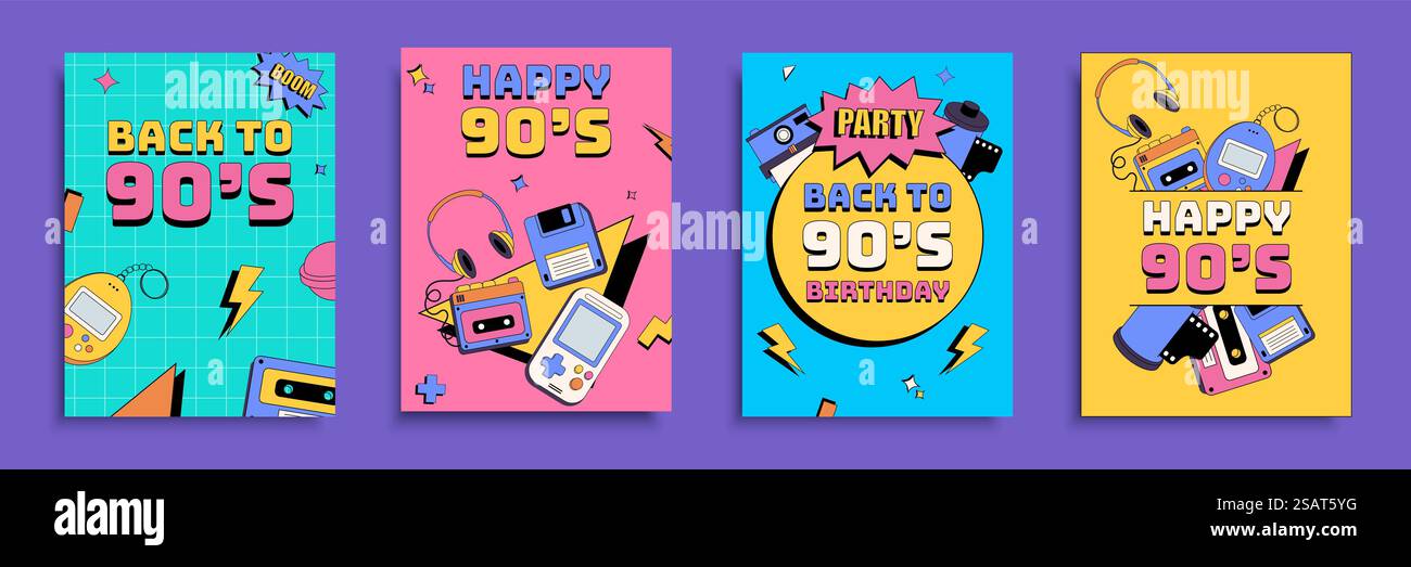 Brochure di copertina per feste degli anni '90 con design piatto. Modelli di poster con simboli Happy Novanta, neobrutalismo, gamepad e dispositivi, cuffie e altri simboli della cultura pop. Illustrazione vettoriale Illustrazione Vettoriale