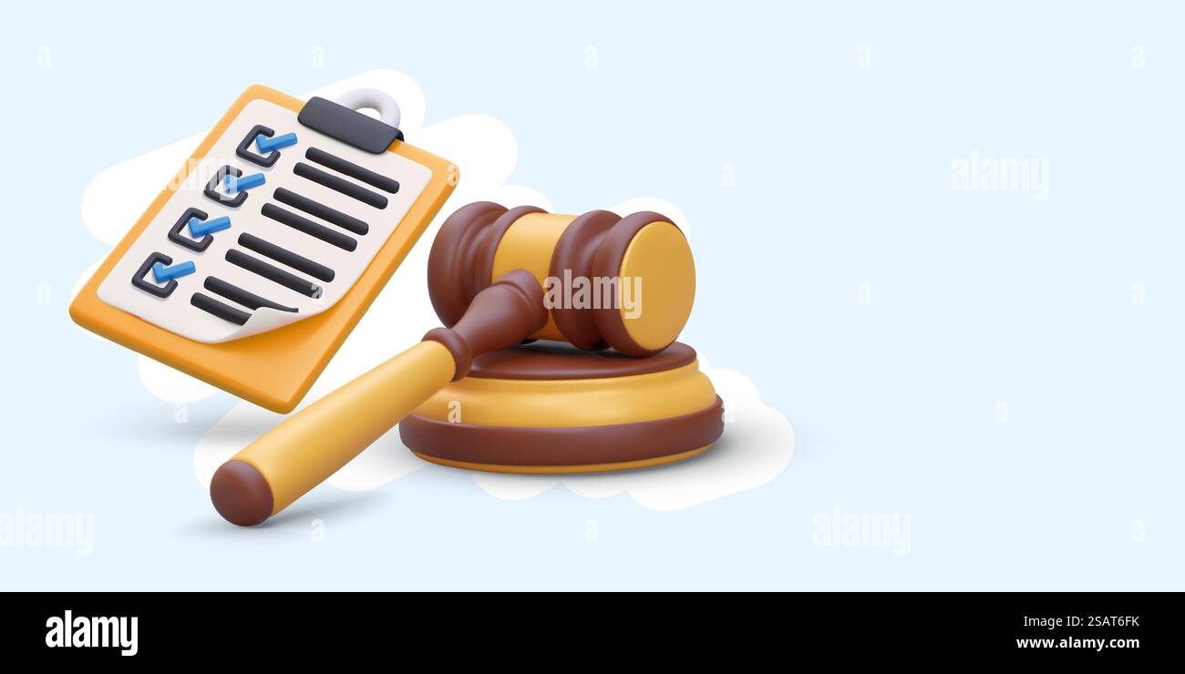 Appunti 3D con elenco allegato, martelletto giudicante. Lista di prove, documenti, fatti. Protocollo di implementazione delle procedure. Carta con segno di spunta. Rispetto delle disposizioni di legge. Layout dei colori. Appunti 3D con elenco allegato, martelletto giudicante. Lista di prove, documenti, fatti Illustrazione Vettoriale