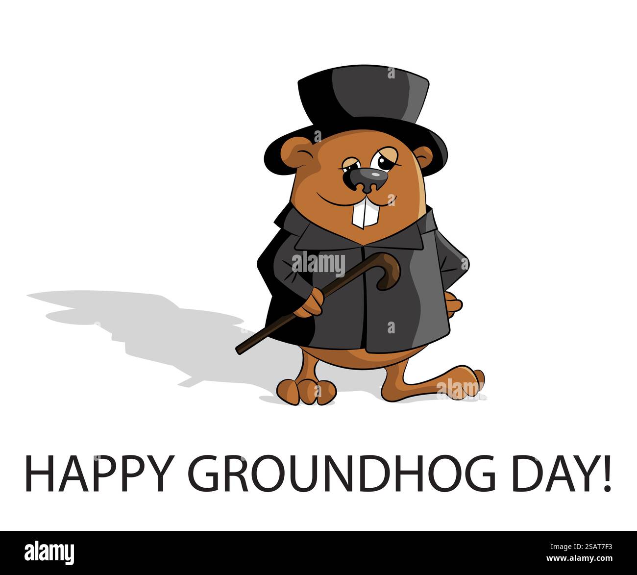 Giorno della marmotta. Marmotta in cappello con bastone e abiti classici. Avere una lunga ombra. . Design piatto. Illustrazione vettoriale. Giorno della marmotta Illustrazione Vettoriale