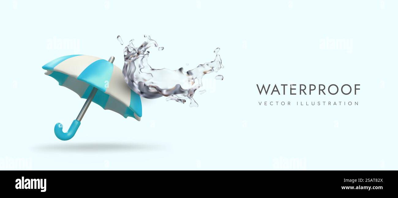 ombrello realistico in 3d e spruzzi di acqua cristallina. Poster colorato con sfondo blu e spazio per il testo. Concetto di protezione impermeabile. Illustrazione vettoriale. ombrello realistico in 3d e spruzzi di acqua cristallina. Poster colorato Illustrazione Vettoriale