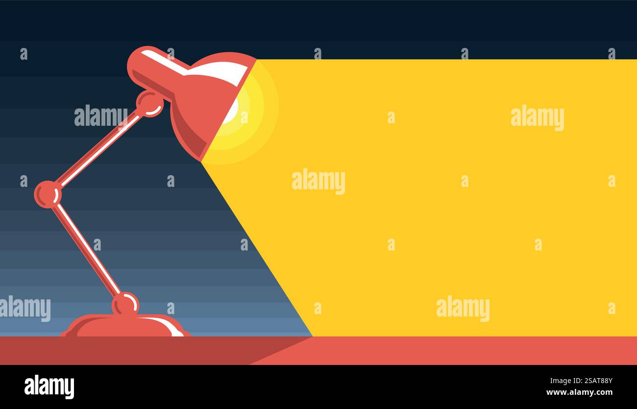 Illustrazione della lampada da scrivania per evidenziare il testo. Lampada da tavolo, scrivania, luce incidente. Modello vettoriale modificabile per biglietti da visita, volantini, banner Illustrazione Vettoriale