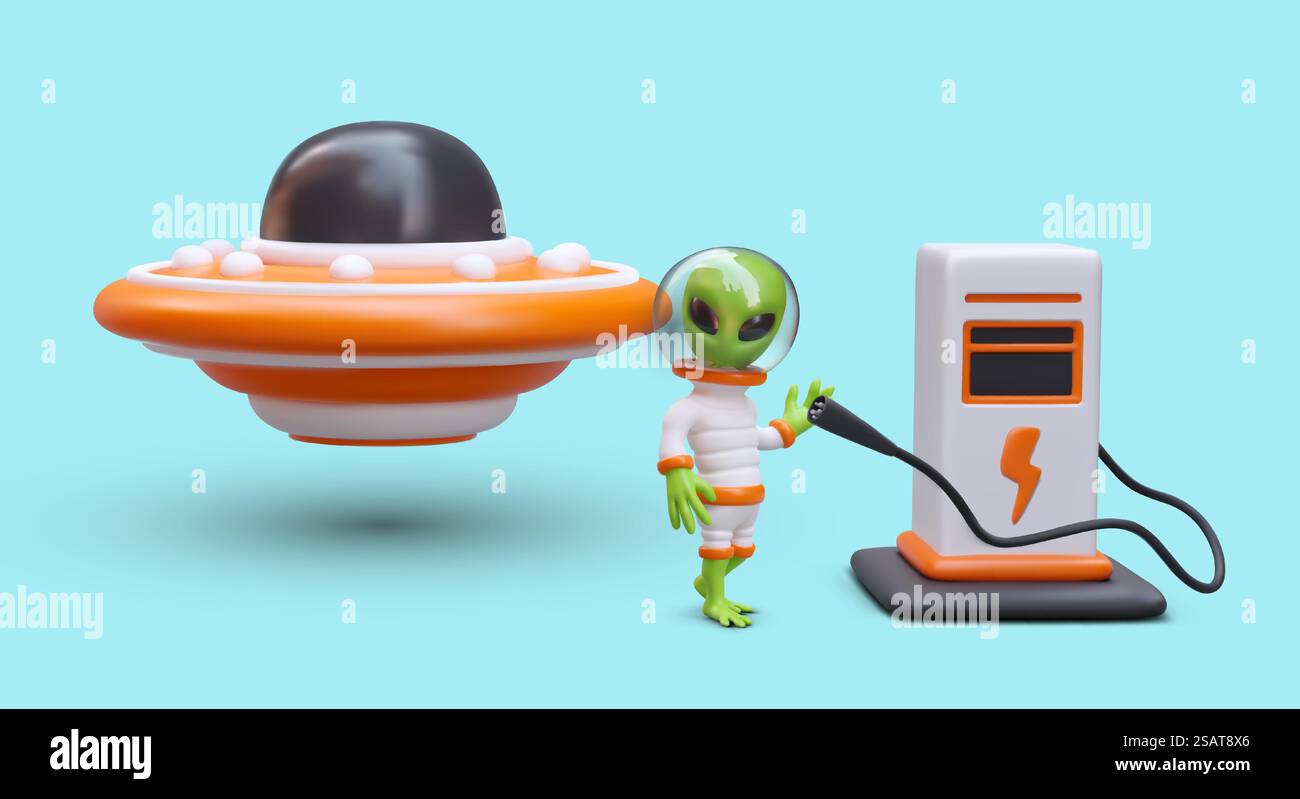 Alieno carica il disco volante. Ricarica UFO. Pubblicità di stazioni di ricarica per auto elettriche. Concept con illustrazione 3D in stile cartone animato. Energia verde. Alieno carica il disco volante. Ricarica UFO. Pubblicità di stazioni di ricarica per auto elettriche Illustrazione Vettoriale