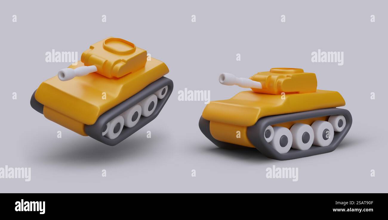 Serbatoio con tracciamento vettoriale giallo in posizioni diverse. Equipaggiamento militare giocattolo. Set di oggetti vettoriali in posizioni diverse. Immagine isolata in stile moderno. Serbatoio con tracciamento vettoriale giallo in posizioni diverse. Equipaggiamento militare giocattolo Illustrazione Vettoriale