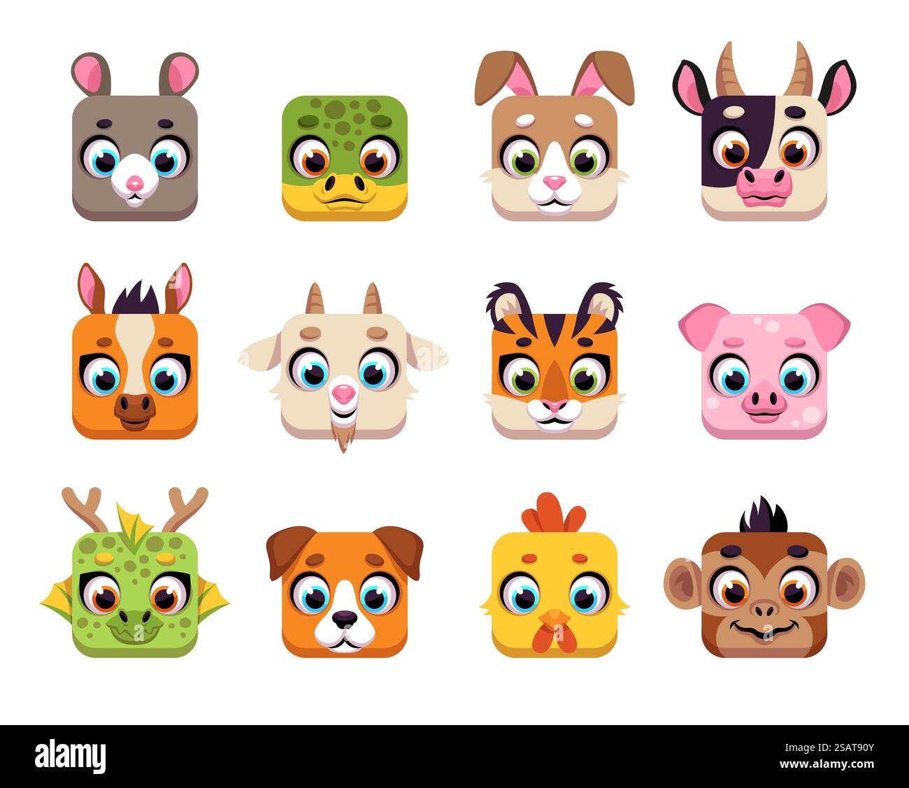 Carini animali cinesi quadrati. Simpatici bocconcini dell'oroscopo, icone dell'interfaccia utente dei cartoni animati, avatar di personaggi della fauna selvatica e domestici, cartelli delle app, simpatici volti faunistici, ratto Kawaii, tartarughe e lepre vettoriali, set isolato. Carini animali cinesi quadrati. Simpatici bocconcini dell'oroscopo, icone dell'interfaccia utente dei cartoni animati, avatar di personaggi della fauna selvatica e domestici, insegne di app, simpatici volti faunistici, ratto Kawaii, tartaruga e lepre vettoriali Illustrazione Vettoriale