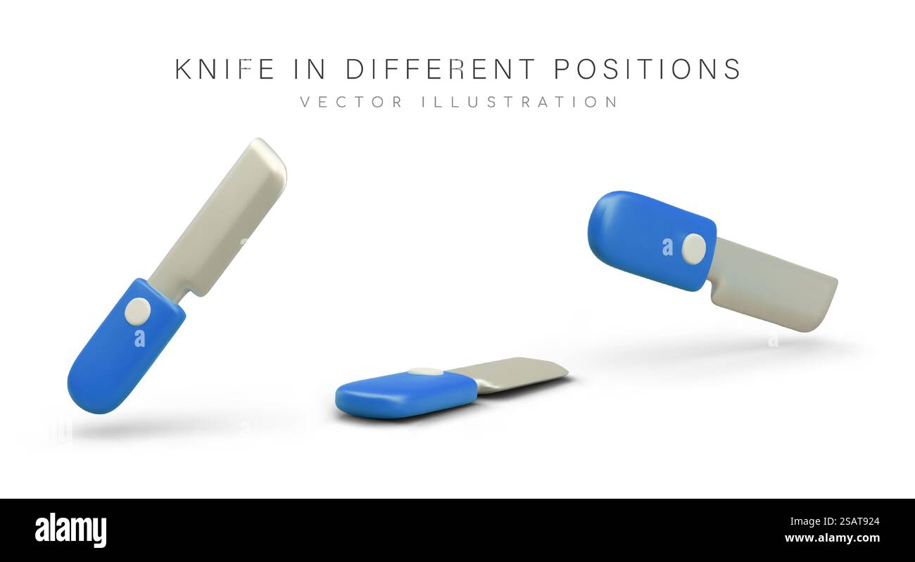 Coltello realistico con manico in plastica blu in diverse posizioni. Cartellone con coltello da cucina, coltelli da carne da macellaio per il deposito. Illustrazione vettoriale in stile 3d con posizione per il testo. Coltello realistico con manico in plastica blu in diverse posizioni Illustrazione Vettoriale