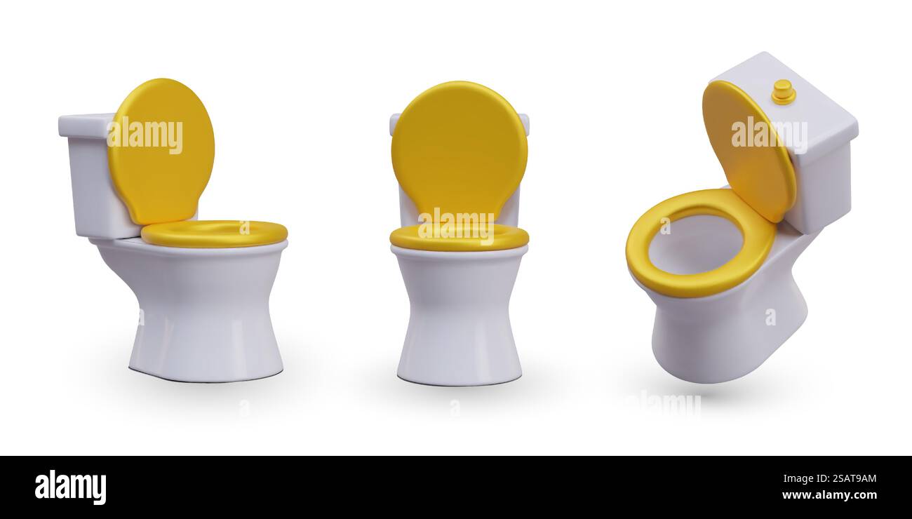 WC bianco con sedile dorato, coperchio rialzato. Sanitari moderni e lussuosi. Serie di illustrazioni a colori. Oggetto vettoriale in posizioni diverse. Immagine 3D con riflessi e ombre. WC bianco con sedile dorato, coperchio rialzato. Sanitari moderni e lussuosi Illustrazione Vettoriale