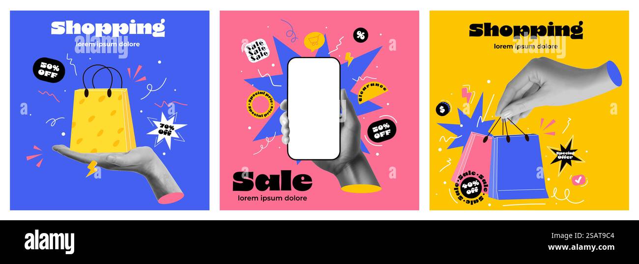 Shopping online o banner per servizi di consegna in colori vivaci e alla moda con mani collage che tengono borse della spesa e smartphone. Concetto di banner di vendita. Illustrazione vettoriale Illustrazione Vettoriale