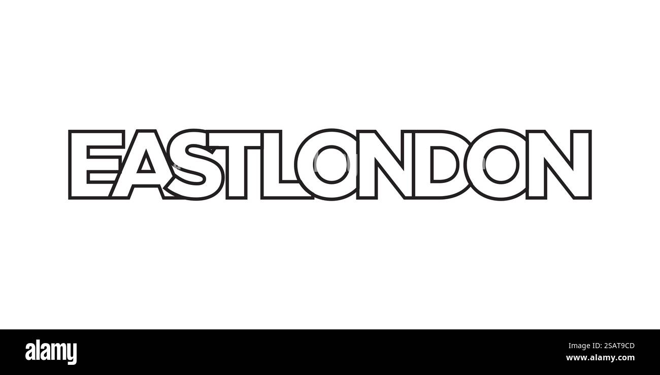 East London in Sud Africa emblema per stampa e web. Il design presenta uno stile geometrico, un'illustrazione vettoriale con caratteri tipografici in grassetto in caratteri moderni. Slogan grafico isolato su sfondo bianco. Illustrazione Vettoriale