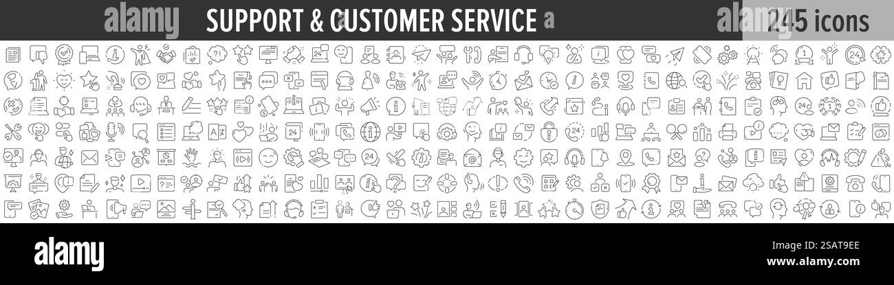 Raccolta di icone lineari per il supporto e il servizio clienti. Grande set di 245 icone di assistenza e assistenza clienti. Raccolta di icone con linee sottili. Illustrazione vettoriale Illustrazione Vettoriale