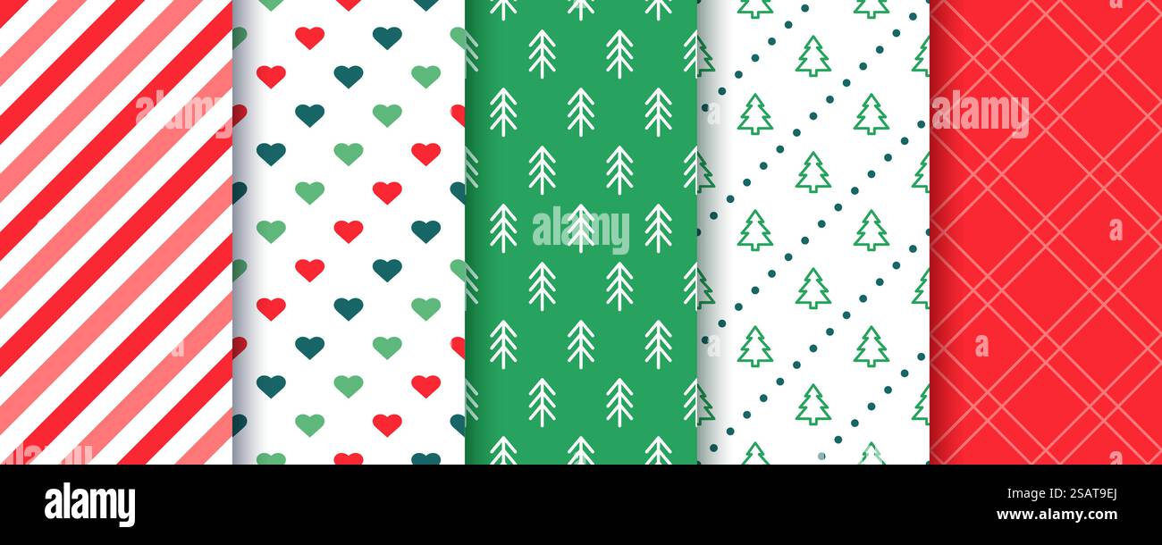 Motivi senza cuciture. Texture natalizie. Sfondi natalizi con strisce, alberi, cuori e plaid Illustrazione Vettoriale