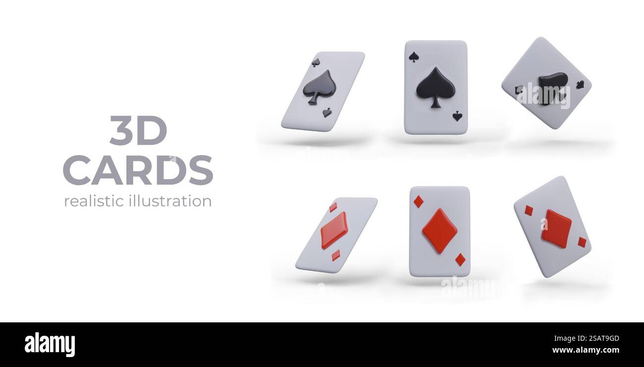 Poker carte da gioco con simboli. Oggetto per giochi da tavolo. Poster per il sito web del casinò online con le carte. Illustrazione vettoriale in stile 3D con posizione per il testo. Poker carte da gioco con simboli. Oggetto per giochi da tavolo Illustrazione Vettoriale