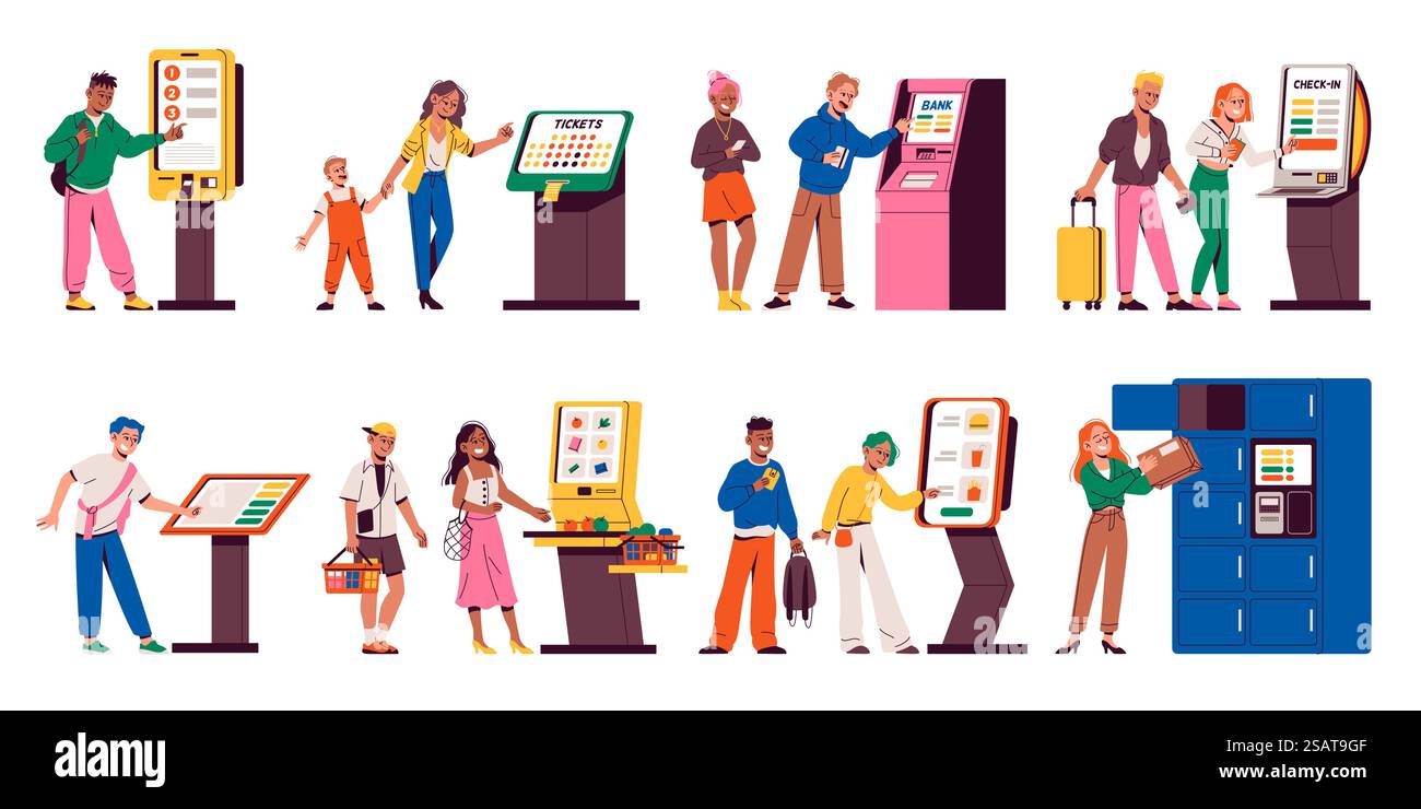 Chioschi per l'ordinazione. Le persone utilizzano schermi touch per i pagamenti pubblici, moderni servizi digitali automatici, biglietti e ordini e acquisti elettronici alimentari, bancomat self-service, cartoni animati vettoriali ordinati, set isolato. Chioschi per l'ordinazione. Le persone utilizzano schermi touch per i pagamenti pubblici, moderni servizi digitali automatici, biglietti e ordini e acquisti elettronici di cibo, bancomat self-service, cartoni animati vettoriali ordinati Illustrazione Vettoriale
