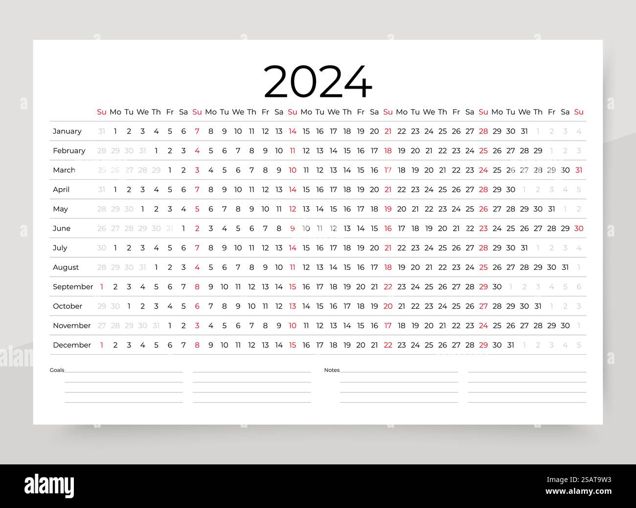 calendario 2024. Pianificatore orizzontale lineare. Modello calendario. La settimana inizia domenica. Griglia con 12 mesi. Calendario lineare per 2024 anni. Illustrazione vettoriale. Semplice sistema di pianificazione del calendario. Illustrazione Vettoriale